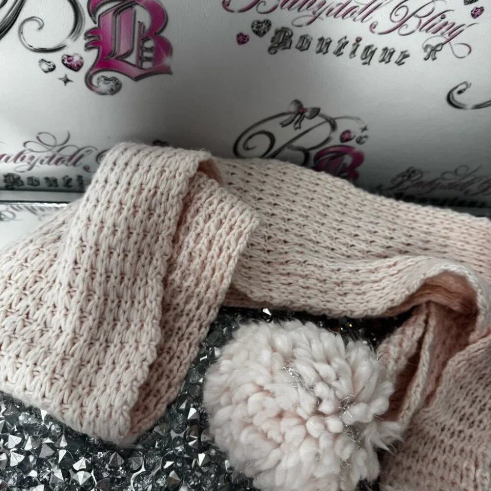 Scarf sparkly Cozy baby pink Knit Scarf with Pom Poms glitter pink crochet 🧶